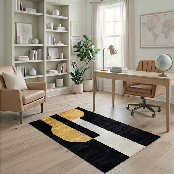 ODIKA 4'x6' Ultra-Soft Area Rug, Black White and Gold Abstract Design Modern Bold Shapes with Dynamic Brushstrokes Washable, Bare feet friendly, Silk-Touch for Bedroom Home office