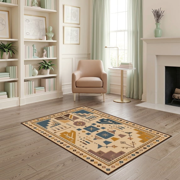 Geometric Border Rug Design ODIKA 4'x6' Ultra-Soft Area Rug, Blue Geometric Art Inspired Design ...