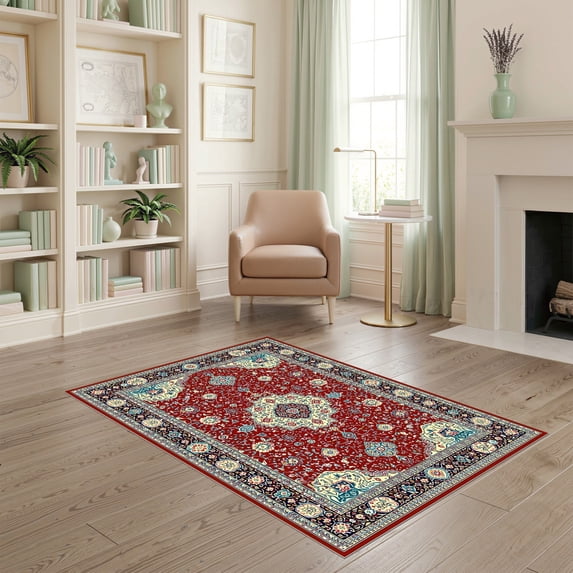 ODIKA 4'x6' Ultra-Soft Area Rug, Boho Oriental Medallion With Floral Border And Vintage Scrolls None Washable, Bare feet friendly, Silk-Touch for Bedroom Home office