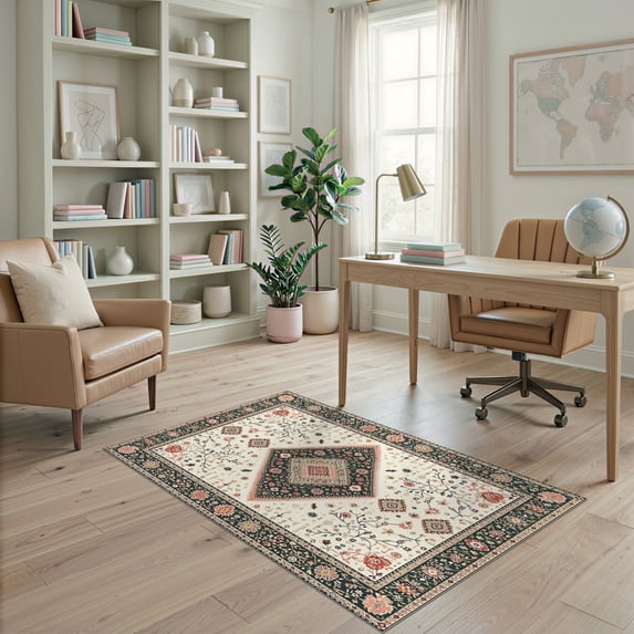 ODIKA 4'x6' Ultra-Soft Area Rug, Boho Vintage Hallway Emblems Hallways Flower Retro Vine Mirrored None Washable, Bare feet friendly, Silk-Touch for Bedroom Home office