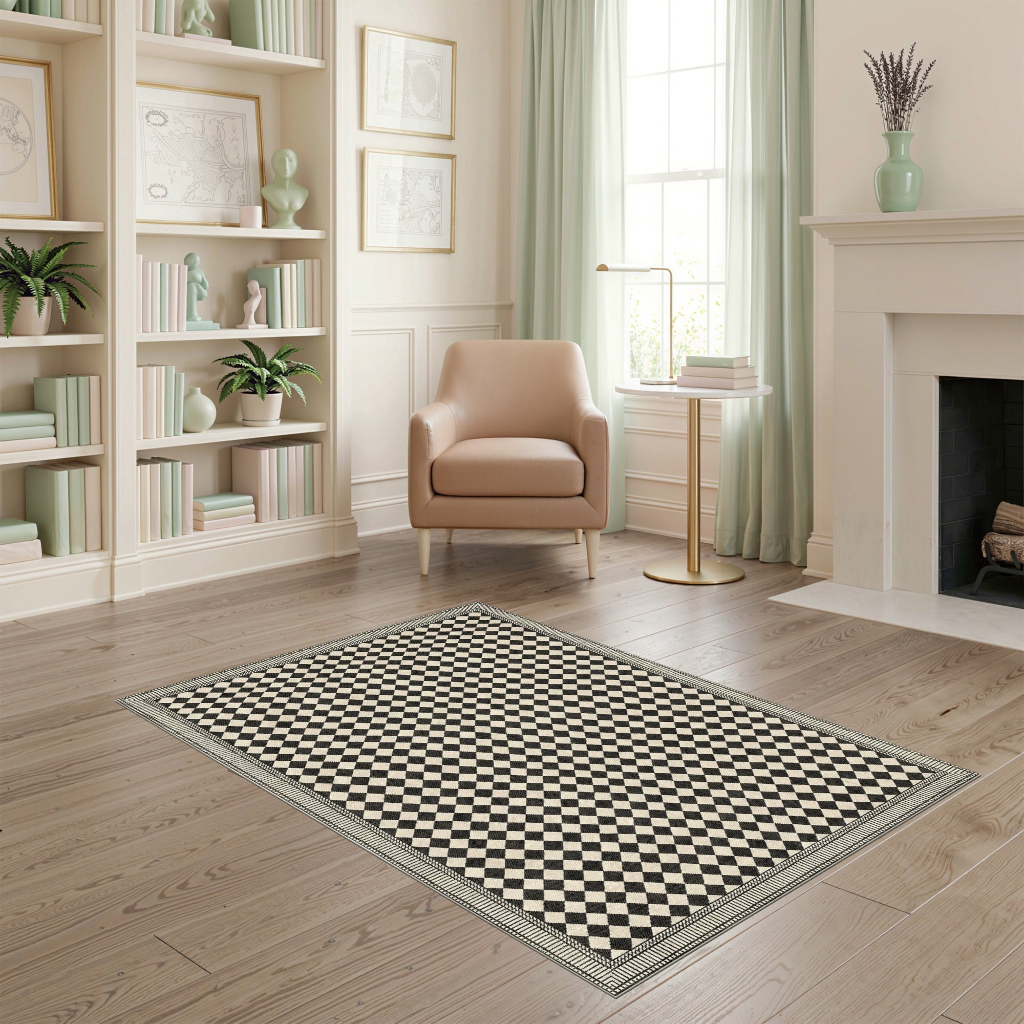 Neurtral Checkerd Rug ODIKA 4'x6' Ultra-Soft Area Rug, Checkered Farmhouse Trellis Geometric ...