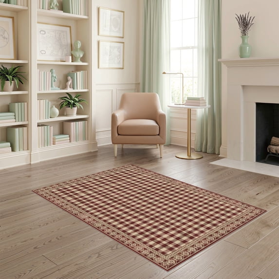 ODIKA 4'x6' Ultra-Soft Area Rug, Checkered Layered Farmhouse Plaid Tartan Grid Border Doormat Rag Flowing Dynamic None Washable, Bare feet friendly, Silk-Touch for Bedroom Home office