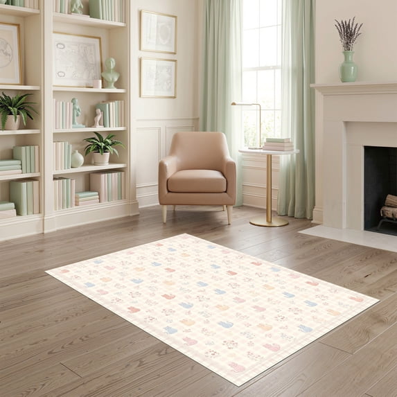ODIKA 4'x6' Ultra-Soft Area Rug, Checkered Plaid Border Design Featuring Charming Feline And Bloom Accents None Washable, Bare feet friendly, Silk-Touch for Bedroom Home office
