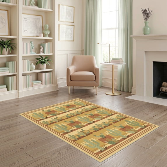 ODIKA 4'x6' Ultra-Soft Area Rug, Circle Print Door Saguaro Prickly Pear Motif Border Doormat None Washable, Bare feet friendly, Silk-Touch for Bedroom Home office