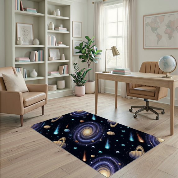 ODIKA 4'x6' Ultra-Soft Area Rug, Cosmic Themed Swirls Ringed Planets Shooting Stars Starry None Washable, Bare feet friendly, Silk-Touch for Bedroom Home office