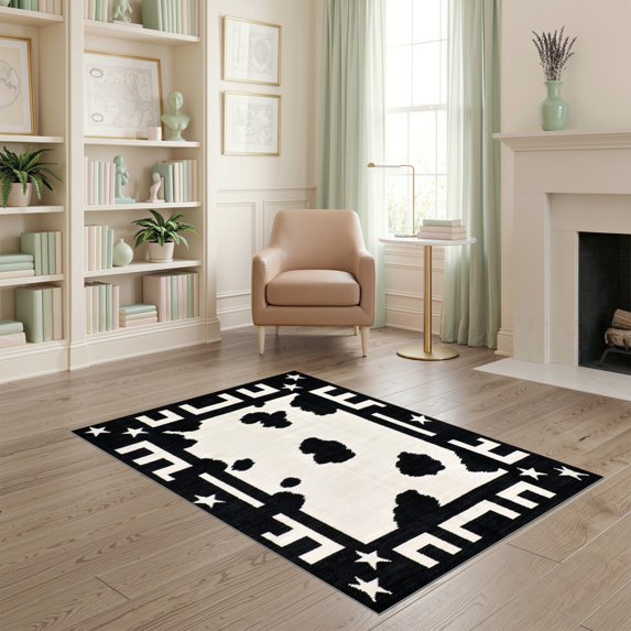 ODIKA 4'x6' Ultra-Soft Area Rug, Cowboy Cow Gothic Steer Motif Spotted Decorative Themed Hid Print None Washable, Bare feet friendly, Silk-Touch for Bedroom Home office