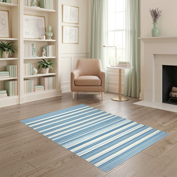 ODIKA 4'x6' Ultra-Soft Area Rug, Deep Blue Cream Layering Striped Gingham Felpudo Front Door Boho Symmetric Bands with Clean Washable, Bare feet friendly, Silk-Touch for Bedroom Home office