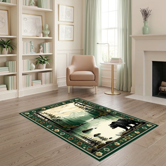 ODIKA 4'x6' Ultra-Soft Area Rug, Fishing Stylized Cabin Forest Border Wildlife Print Motif Motifs None Washable, Bare feet friendly, Silk-Touch for Bedroom Home office