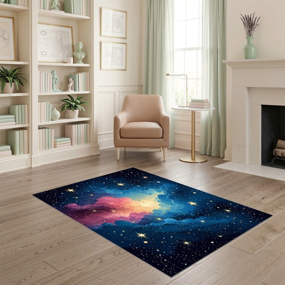 ODIKA 4'x6' Ultra-Soft Area Rug, Galaxy Starry Nebula Symmetrical Border Themed Theme Round None Washable, Bare feet friendly, Silk-Touch for Bedroom Home office