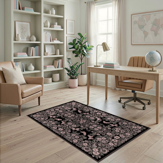 ODIKA 4'x6' Ultra-Soft Area Rug, Gothic Moth Vintage Butterfly Print Ornate Border Shaped Pink None Washable, Bare feet friendly, Silk-Touch for Bedroom Home office