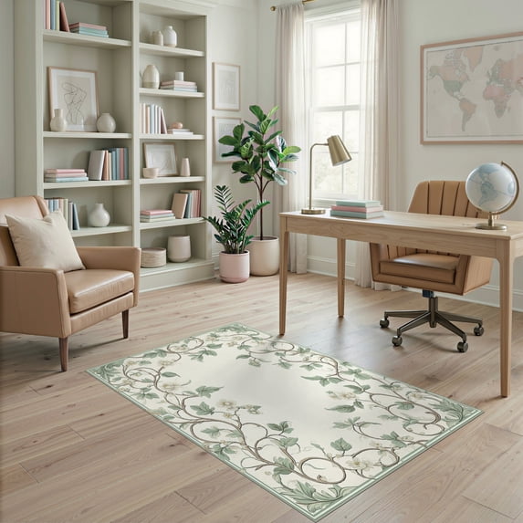 ODIKA 4'x6' Ultra-Soft Area Rug, Grey Sage Vintage Cottagecore Botanical Scroll Leafy Border Woodland None Washable, Bare feet friendly, Silk-Touch for Bedroom Home office