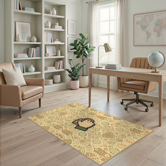 ODIKA 4'x6' Ultra-Soft Area Rug, Hand Holding Cup Graphic Art With Boho Vintage Geometric Border Funny Flowing None Washable, Bare feet friendly, Silk-Touch for Bedroom Home office