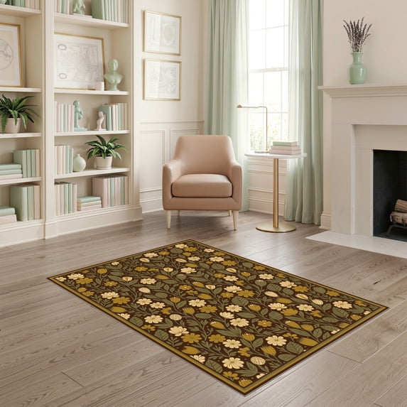 ODIKA 4'x6' Ultra-Soft Area Rug, Interlocking Botanical Seed Pod Stylized Leaf Motif Dining Table None Washable, Bare feet friendly, Silk-Touch for Bedroom Home office