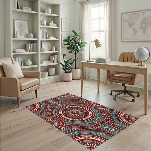 ODIKA 4'x6' Ultra-Soft Area Rug, Large Motif Bohemian Teal Border Vintage Inspired Boho Southwestern Refined None Washable, Bare feet friendly, Silk-Touch for Bedroom Home office
