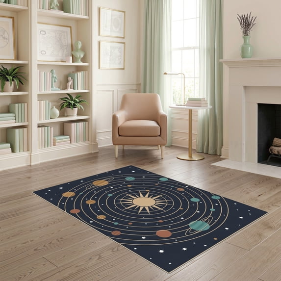 ODIKA 4'x6' Ultra-Soft Area Rug, Large Planets Galaxy Concentric Rings Themed Planetary Stars None Washable, Bare feet friendly, Silk-Touch for Bedroom Home office