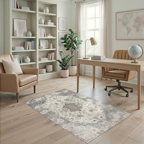 Beige Border Rug ODIKA 4'x6' Ultra-Soft Area Rug, Large Vintage Beige Farmhouse ...
