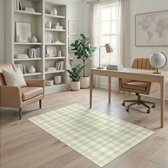 ODIKA 4'x6' Ultra-Soft Area Rug, Layered Checkered Farmhouse Plaid Boho Border Doormat Gingham Rag Flowing None Washable, Bare feet friendly, Silk-Touch for Bedroom Home office