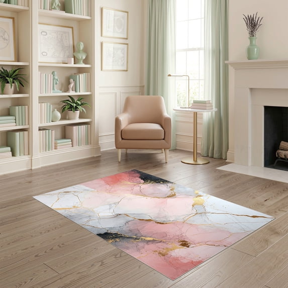 ODIKA 4'x6' Ultra-Soft Area Rug, Marble Abstract With Gradient Gold Fleck Modern Luxury Motif None Washable, Bare feet friendly, Silk-Touch for Bedroom Home office