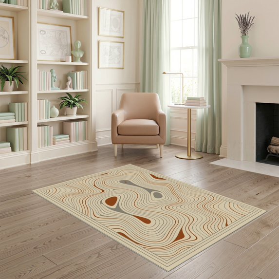 ODIKA 4'x6' Ultra-Soft Area Rug, Minimalist Bordered Terrain Motif Map Wavy Abstract Topographic Flowing Dynamic None Washable, Bare feet friendly, Silk-Touch for Bedroom Home office