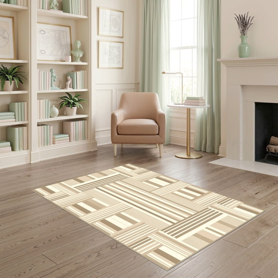 Neutral Fun Rug ODIKA 4'x6' Ultra-Soft Area Rug, Modern Neutral Bands Symmetrical ...