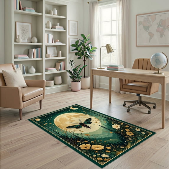 ODIKA 4'x6' Ultra-Soft Area Rug, Moth Shaped Witchy Vintage Gothic Whimsical Round Motif Border None Washable, Bare feet friendly, Silk-Touch for Bedroom Home office