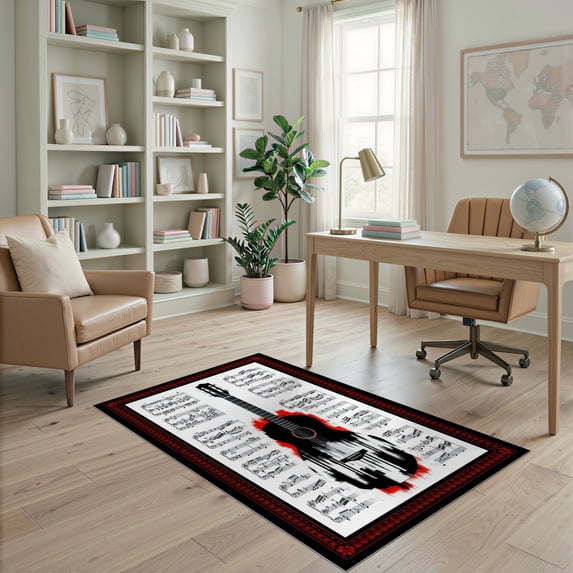 ODIKA 4'x6' Ultra-Soft Area Rug, Music Cd Musical Note Guitar Motif Piano Keys Border Disc Shape None Washable, Bare feet friendly, Silk-Touch for Bedroom Home office