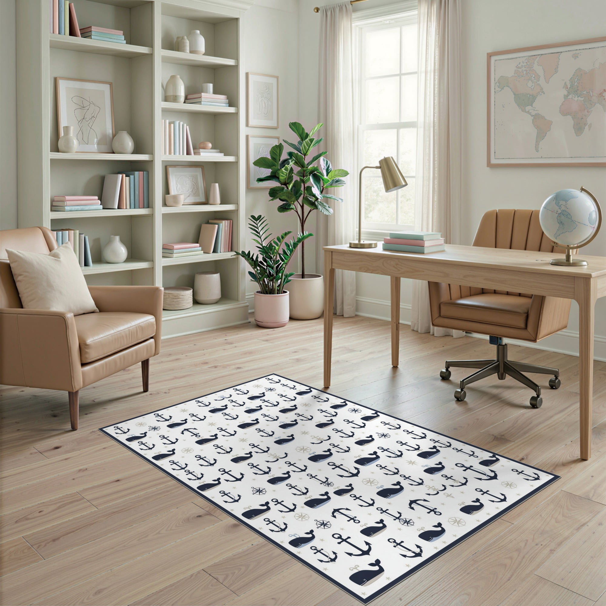 Rug Frameborder ODIKA 4'x6' Ultra-Soft Area Rug, Nautical Hooked Whale Marine Motifs ...