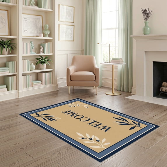 Beige Border Rug ODIKA 4'x6' Ultra-Soft Area Rug, Navy Beige Botanical Border Design ...