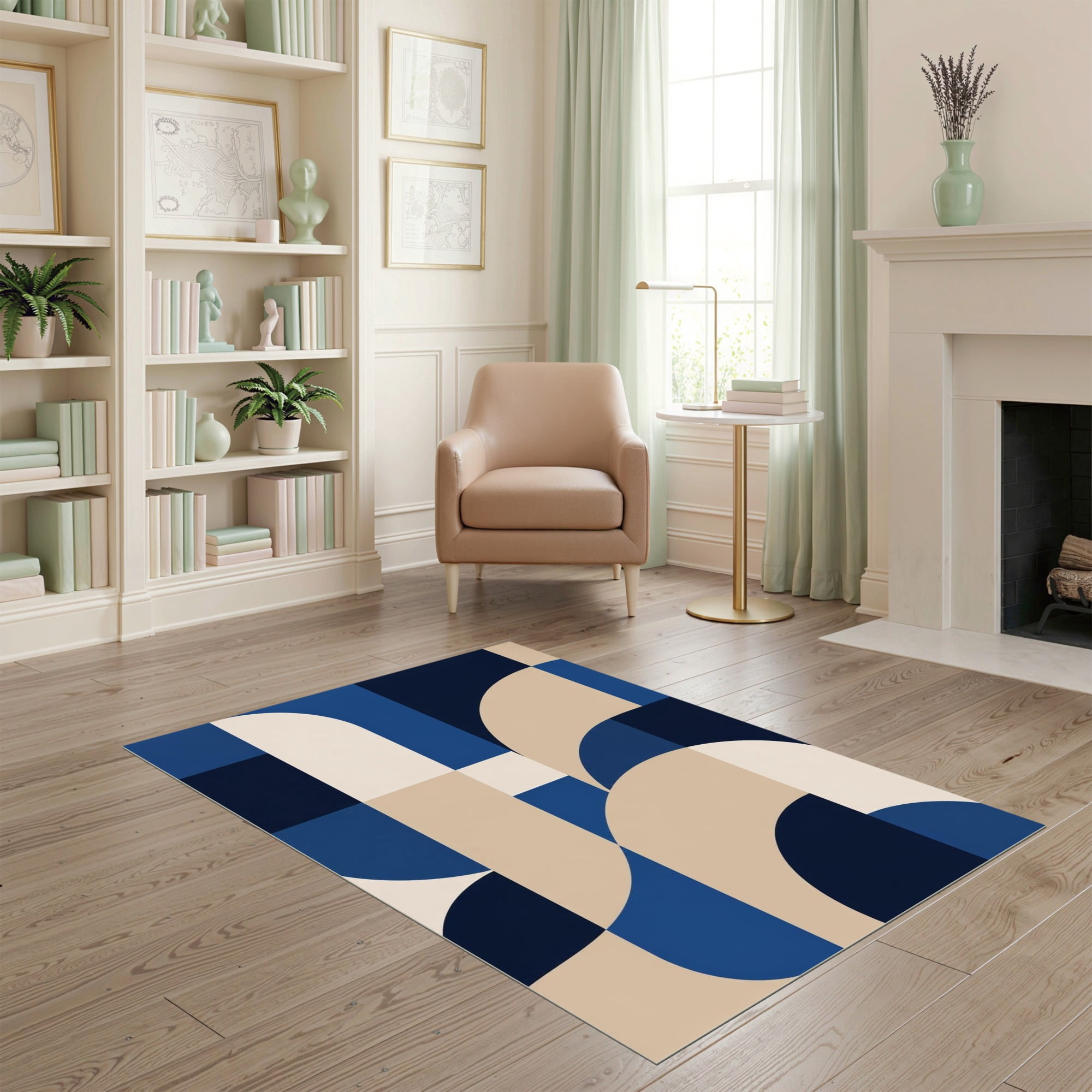ODIKA 4'x6' Ultra-Soft Area Rug, Navy Beige Geometric Design Elegant ...
