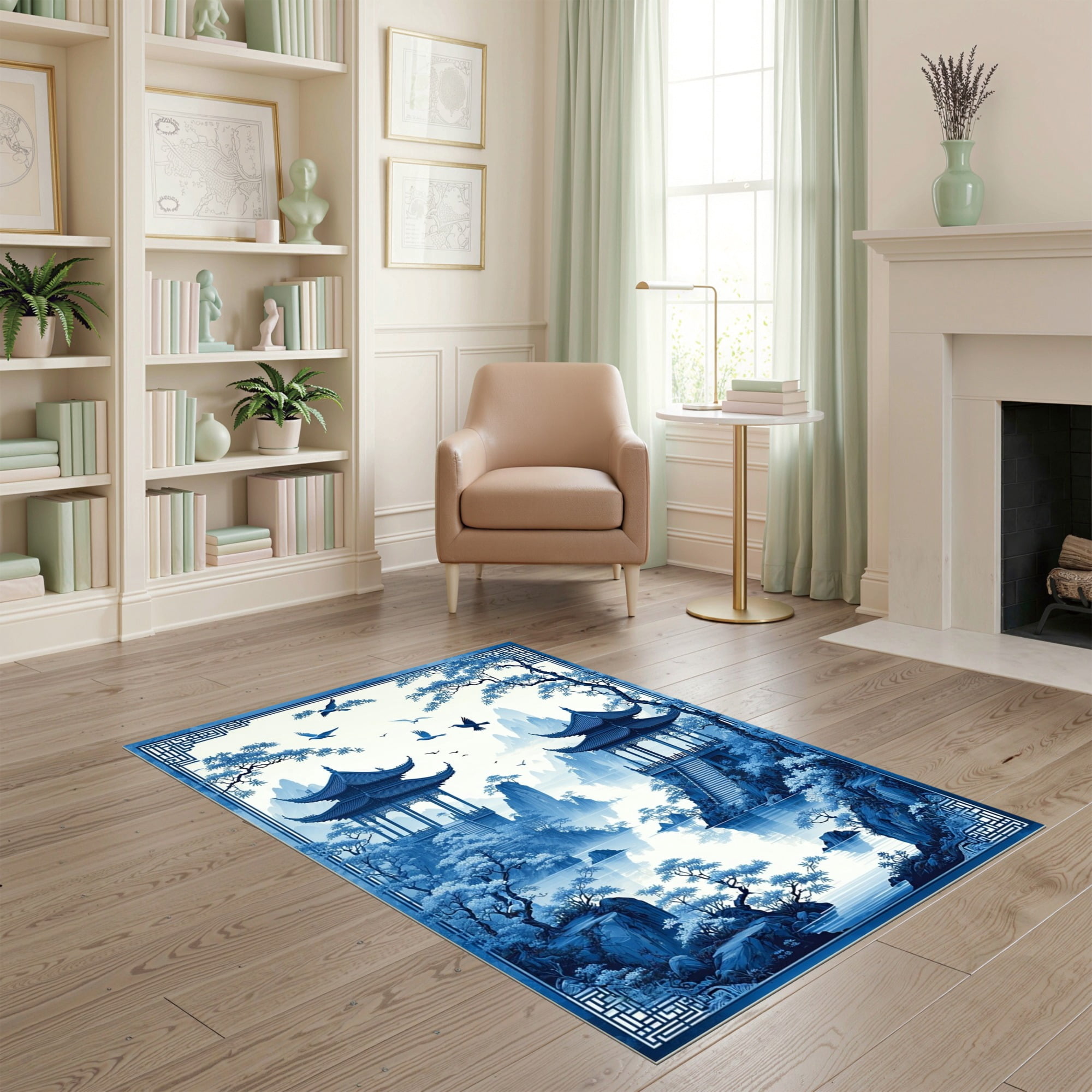 ODIKA 4'x6' Ultra-Soft Area Rug, Navy Blue Chinoiserie Pagoda Design ...