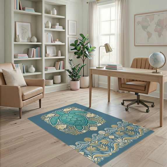 ODIKA 4'x6' Ultra-Soft Area Rug, Ocean Entry Themed Teal Bathroom Long Nautical Turtle Beachy Playful Expressive None Washable, Bare feet friendly, Silk-Touch for Bedroom Home office
