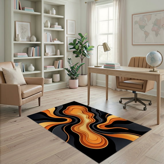 ODIKA 4'x6' Ultra-Soft Area Rug, Orange Abstract Mid-Century Fluid Retro Biomorphic Design with Curves Washable, Bare feet friendly, Silk-Touch for Bedroom Home office