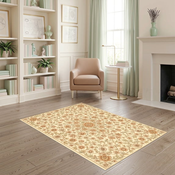 ODIKA 4'x6' Ultra-Soft Area Rug, Orange Floral Medallion Design Symmetrical Vines with Ornate Blossoms Washable, Bare feet friendly, Silk-Touch for Bedroom Home office