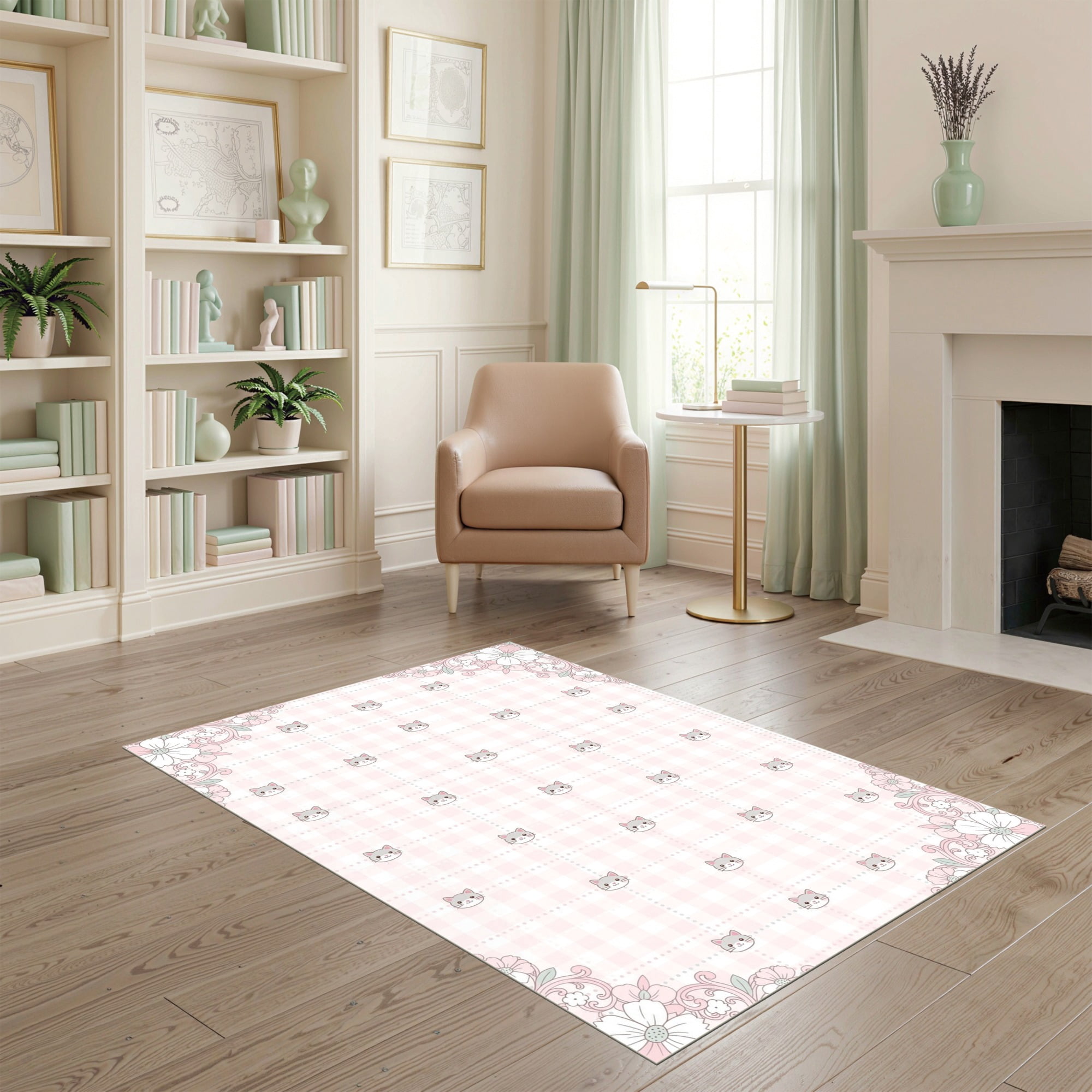 Pink Rug Dorm ODIKA 4'x6' Ultra-Soft Area Rug, Pink Motif Mini Grid Vintage Botanical ...