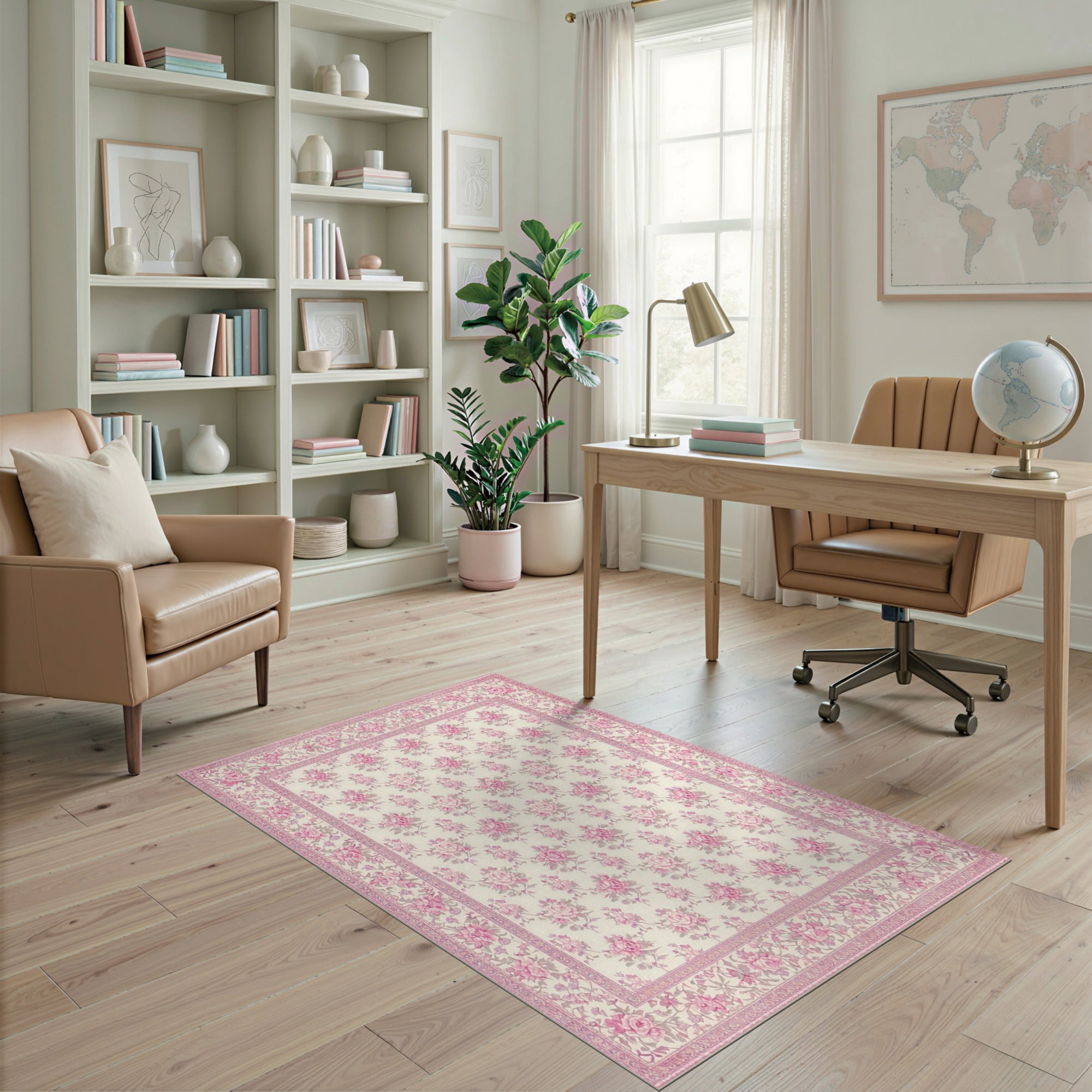 ODIKA 4'x6' Ultra-Soft Area Rug, Pink Vintage Trellis Faded Rosebud ...