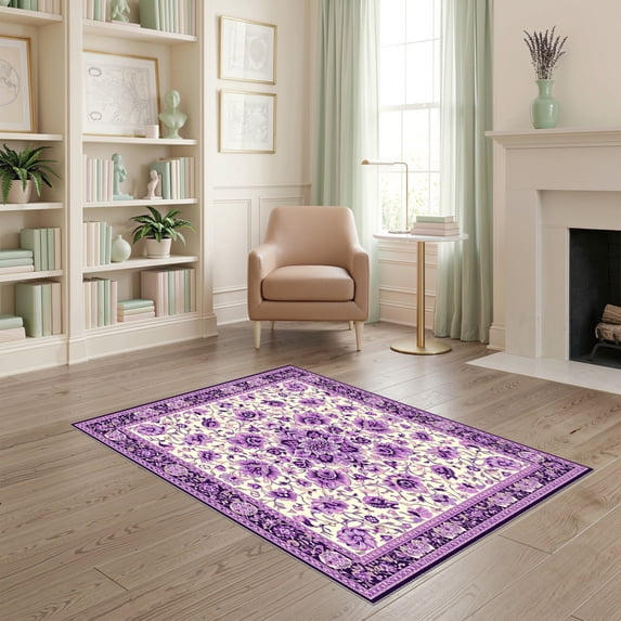 ODIKA 4'x6' Ultra-Soft Area Rug, Purple Flower Fuzzy Circle Symmetrical Petal Classroom Round None Washable, Bare feet friendly, Silk-Touch for Bedroom Home office