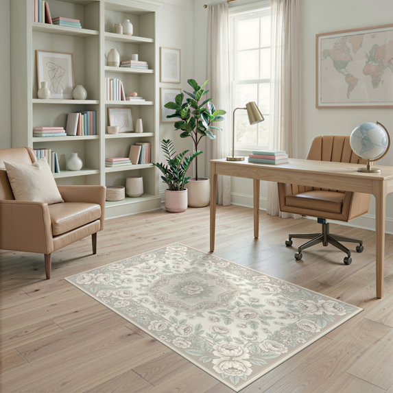 ODIKA 4'x6' Ultra-Soft Area Rug, Round Shaped Vintage Retro Botanical Motifs Frame Border Solid None Washable, Bare feet friendly, Silk-Touch for Bedroom Home office