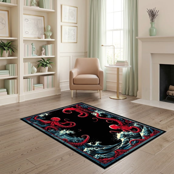 ODIKA 4'x6' Ultra-Soft Area Rug, Rum Octopus Doormat Horror Nautical Distressed Ocean Wave Border None Washable, Bare feet friendly, Silk-Touch for Bedroom Home office