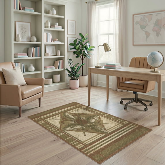 Rustic Wool Rugs ODIKA 4'x6' Ultra-Soft Area Rug, Rustic Fishing Rod Bass Emblem Stars ...