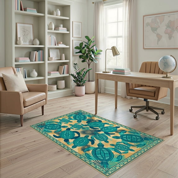 ODIKA 4'x6' Ultra-Soft Area Rug, Turtle Boho Ocean Mosaic Border Stained Entryway Teal Nautical Flowing Dynamic None Washable, Bare feet friendly, Silk-Touch for Bedroom Home office