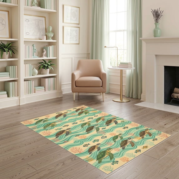 ODIKA 4'x6' Ultra-Soft Area Rug, Turtle Ocean Beachy Waves Entry Themed Teal Bathroom Nautical Flowing Dynamic None Washable, Bare feet friendly, Silk-Touch for Bedroom Home office