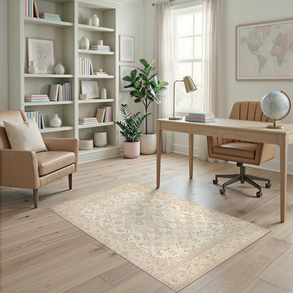 ODIKA 4'x6' Ultra-Soft Area Rug, Vintage Distressed Traditional Lattice With Floral Medallion None Washable, Bare feet friendly, Silk-Touch for Bedroom Home office