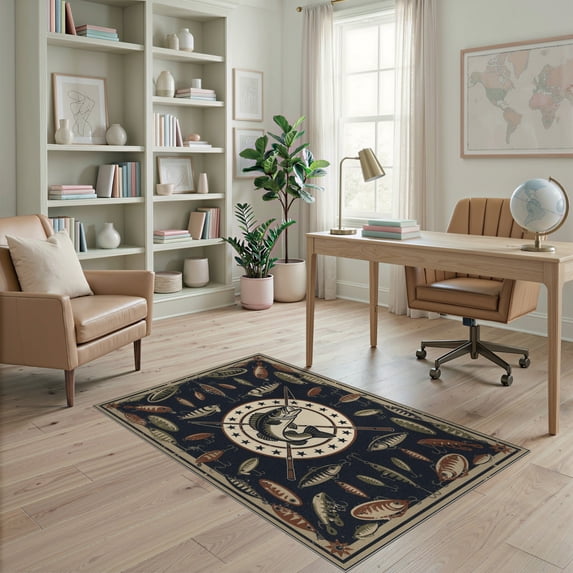 ODIKA 4'x6' Ultra-Soft Area Rug, Vintage Fish Crossed Fishing Rods Bass Distressed Navy Cream None Washable, Bare feet friendly, Silk-Touch for Bedroom Home office