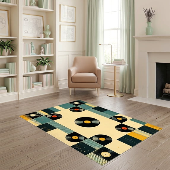 ODIKA 4'x6' Ultra-Soft Area Rug, Vinyl Music Vintage Album Grid Abstract Equalizer Record Minimalist None Washable, Bare feet friendly, Silk-Touch for Bedroom Home office