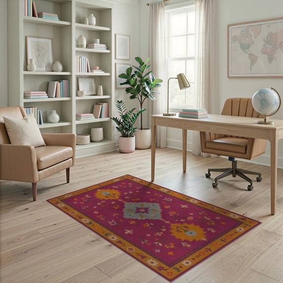 ODIKA 4'x6' Vibrant Magenta Bohemian Design Washable Area Rug Intricate Floral Motif with Geometric Charm Non-Slip, Chair-Friendly, Flatwoven for Home Office, Under Desk