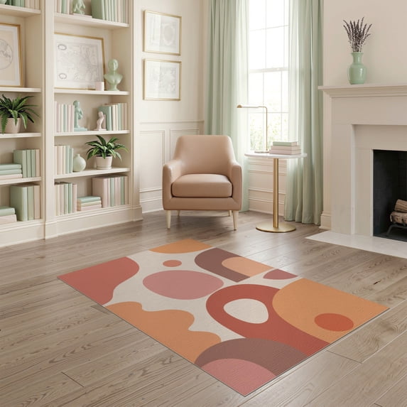 ODIKA 4'x6' Warm Earth Tones Mid-Century Abstract Washable Area Rug Organic Shapes with Retro Modern Flair Stain Resistant, Low Pile, Easy Care for Dorm Room, Small Living