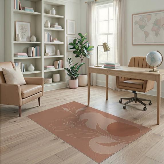 ODIKA 4'x6' Warm Terracotta Elegance with Minimalist Washable Area Rug Contemporary Floral Artistry, Subtle Line Drawing for Bedroom, Reading Nook, Pet Friendly & Non-Shedding