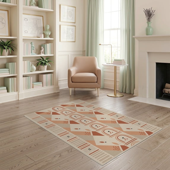 ODIKA 4'x6' Warm Terracotta Geometric Arches Washable Area Rug Modern Abstract Design with Symmetry for Bedroom, Reading Nook, Pet Friendly & Non-Shedding