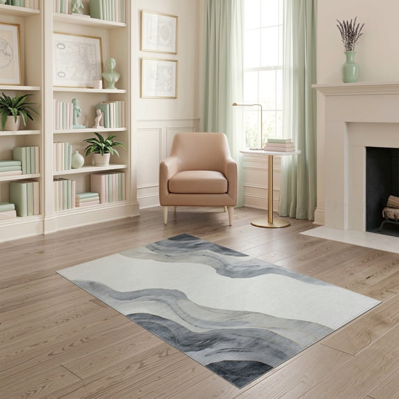 ODIKA 4'x6' Washable Area Rug Under Abstract Plush Swirl Gentle Ombre Gradient Transitions for Dorm Room, Small Living Stain Resistant Low Profile, Easy Care