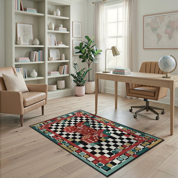 ODIKA 4'x6' Washable Area Rug Alt Dice Graphic Funky Aesthetic Checkerboard Men Cartoon Flowing Dynamic for Home Office, Under Desk, Non-Slip Chair-Friendly, Flatwoven